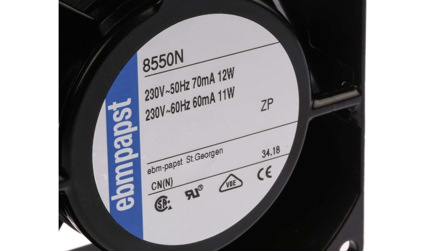 ebm-papst 8000 N Series Axial Fan Kit, 230 V ac, AC Operation, 50m³/h, 12W, 52mA Max, IP20, 80 x 80 x 38mm – Model: 8550N