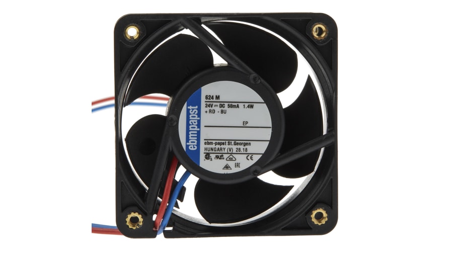 ebm-papst 620 Series Axial Fan, 24 V dc, DC Operation, 30m³/h, 1.5W, 60 x 60 x 25mm – Model: 624M-RS0