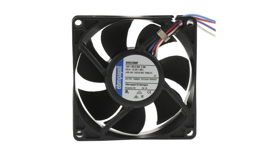 ebm-papst 8450 Series Axial Fan, 12 V dc, DC Operation, 82m³/h, 3.6W, 80 x 80 x 25mm – Model: 8452/2HHP