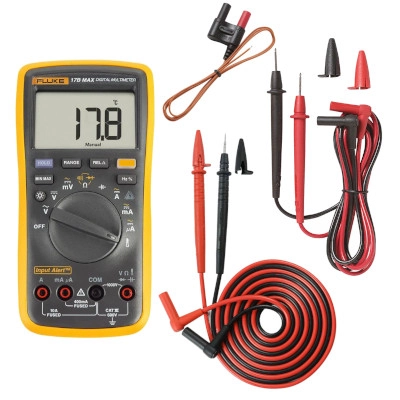 FLUKE FLK-17B MAX KIT Digital Multimeter, AC/DC 1000V/10A, with TL31 and TL75 Test Leads, 6000 Counts, Input Alert, Temperature/Frequency/Re