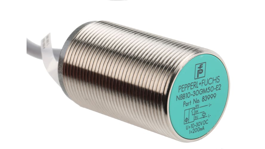 NBB10-30GM50-E2, Pepperl + Fuchs Inductive Barrel-Style Proximity Sensor, M30 x 1.5, 10 mm Detection, PNP Output, 5 → 36 V dc, – Model: NBB1
