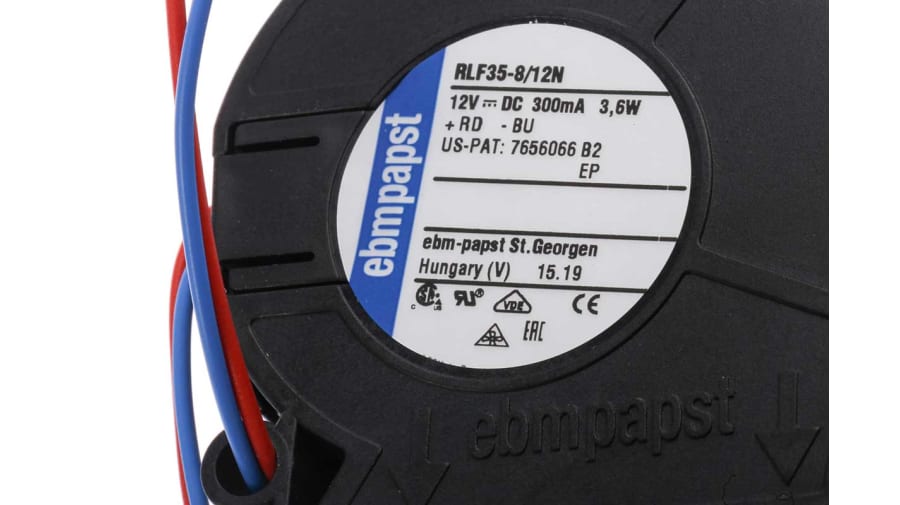 ebm-papst RLF 35 Series Centrifugal Fan, 12 V dc, 9.6m³/h, DC Operation, 51 x 51 x 15mm – Model: RLF35-8/12N