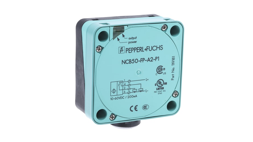 NCB50-FP-A2-P1, Pepperl + Fuchs Inductive Block-Style Proximity Sensor, 50 mm Detection, PNP Output, 10 → 60 V dc, IP68 – Model: NCB50-FP-A2