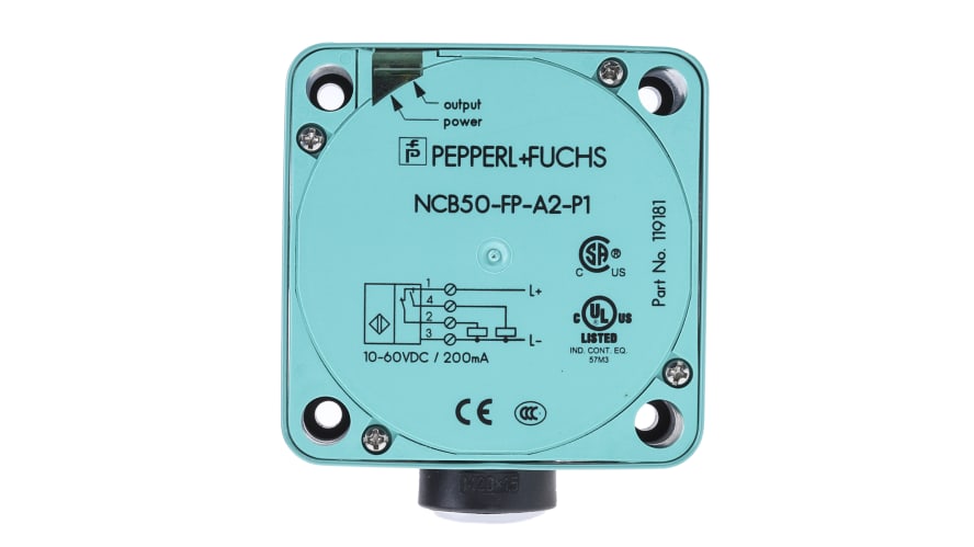 NCB50-FP-A2-P1, Pepperl + Fuchs Inductive Block-Style Proximity Sensor, 50 mm Detection, PNP Output, 10 → 60 V dc, IP68 – Model: NCB50-FP-A2