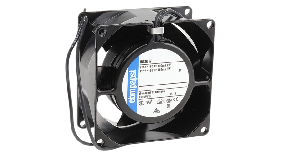 ebm-papst 8000 N Series Axial Fan, 115 V ac, AC Operation, 36m³/h, 8W, 70mA Max, 80 x 80 x 38mm – Model: 8830N