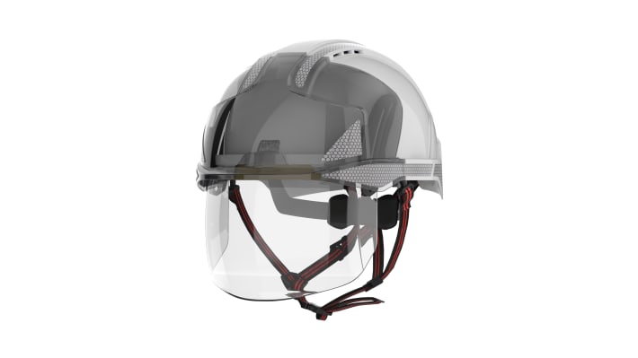 JSP EVOVISTAshield White Safety Helmet with Chin Strap, Adjustable, Ventilated – Model: AMH270-405-F00
