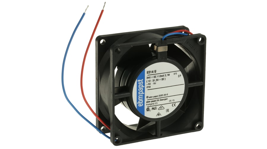 ebm-papst 8300 Series Axial Fan, 24 V dc, DC Operation, 54m³/h, 2.7W, 113mA Max, IP68, 80 x 80 x 32mm – Model: 8314U