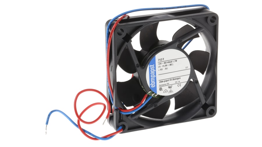 ebm-papst 700 F Series Axial Fan, 12 V dc, DC Operation, 44m³/h, 1.7W, 142mA Max, 70 x 70 x 15mm – Model: 712F
