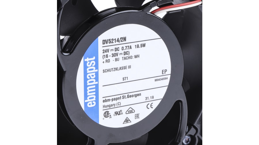 ebm-papst DV 5200 Series Axial Fan, 24 V dc, DC Operation, 270m³/h, 20W, 850mA Max, 127 x 127 x 38mm – Model: DV5214/2N