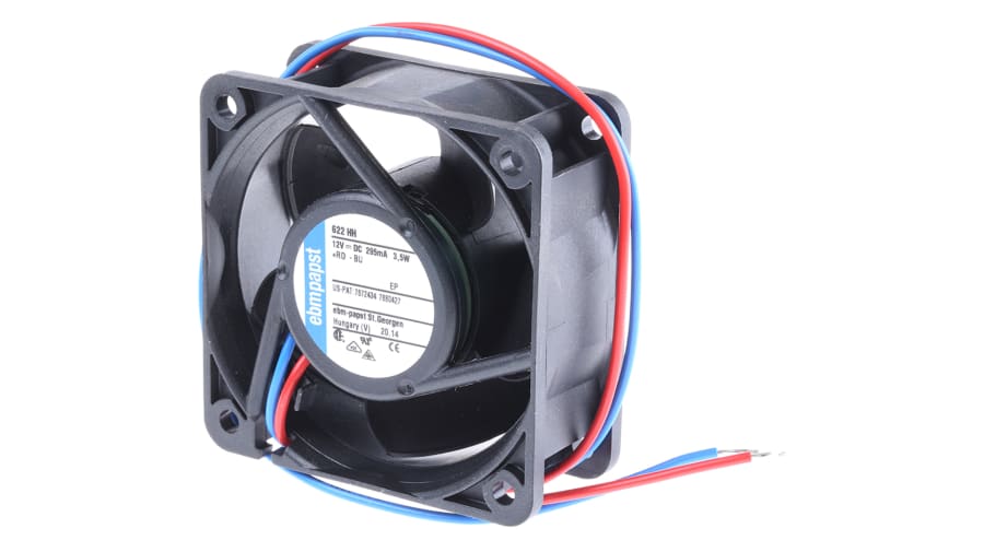 ebm-papst 620 Series Axial Fan, 12 V dc, DC Operation, 56m³/h, 3.5W, 292mA Max, 60 x 60 x 25mm – Model: 622HH