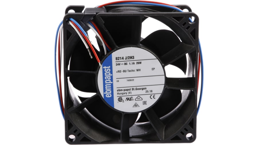 ebm-papst 8200 J Series Axial Fan, 24 V dc, DC Operation, 190m³/h, 26W, 80 x 80 x 38mm – Model: 8214J/2H3
