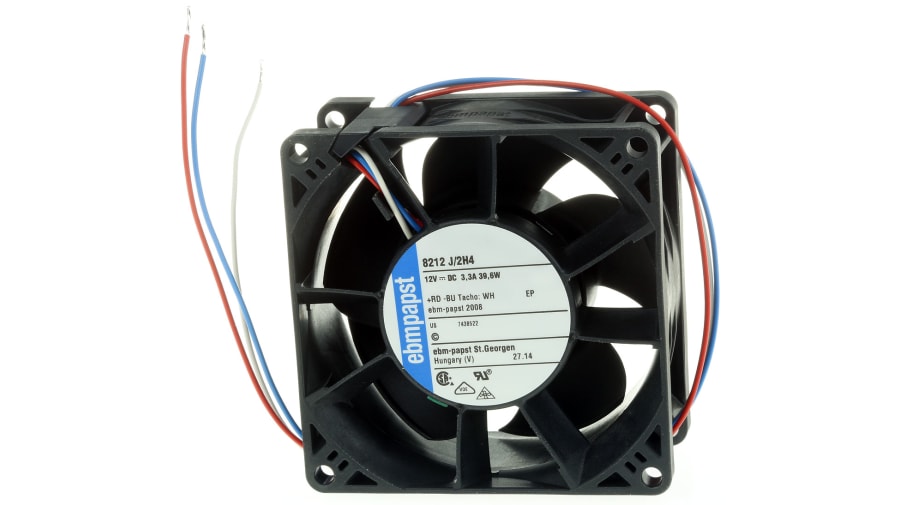 ebm-papst 8200 J Series Axial Fan, 12 V dc, DC Operation, 222m³/h, 39W, 80 x 80 x 38mm – Model: 8212J/2H4