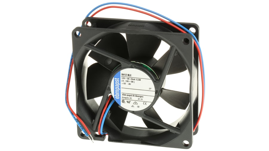 ebm-papst 8400 N Series Axial Fan, 12 V dc, DC Operation, 33m³/h, 300mW, 25mA Max, 80 x 80 x 25mm – Model: 8412NLE