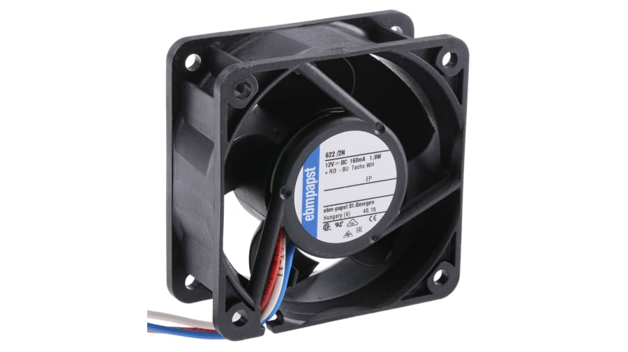 ebm-papst 620 Series Axial Fan, 12 V dc, DC Operation, 40m³/h, 2.1W, 1.05A Max, 60 x 60 x 25mm – Model: 622/2N-RS0