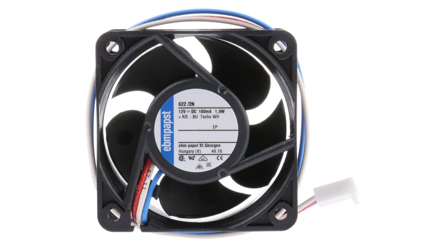 ebm-papst 620 Series Axial Fan, 12 V dc, DC Operation, 40m³/h, 2.1W, 1.05A Max, 60 x 60 x 25mm – Model: 622/2N-RS0