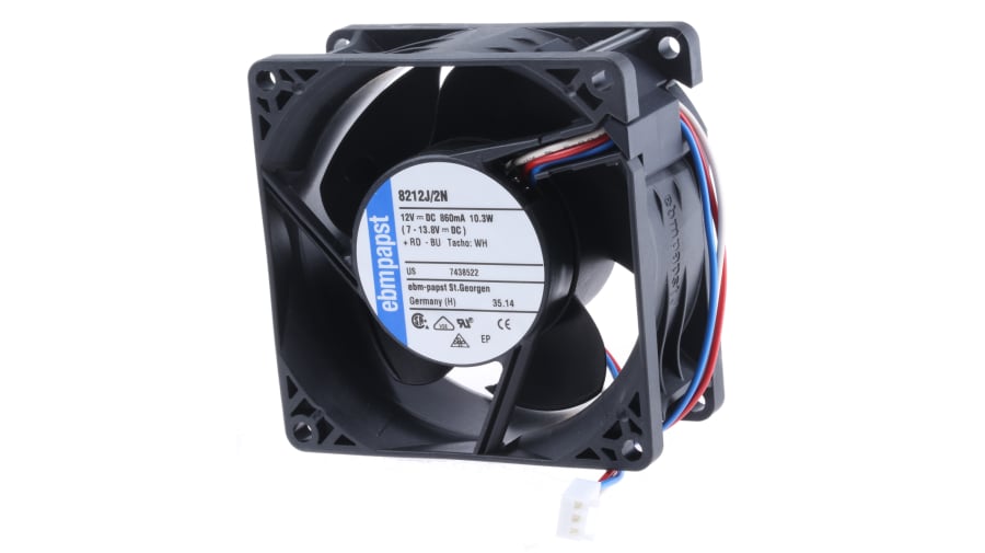 ebm-papst 8200 J Series Axial Fan, 12 V dc, DC Operation, 132m³/h, 10W, 80 x 80 x 38mm – Model: 8212J/2N-RS0
