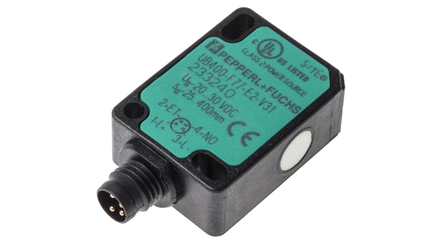 UB400-F77-E2-V31, Pepperl + Fuchs Ultrasonic Block-Style Proximity Sensor, M8 x 1, 25 → 400 mm Detection, PNP Output, 20 → – Model: UB400-F7
