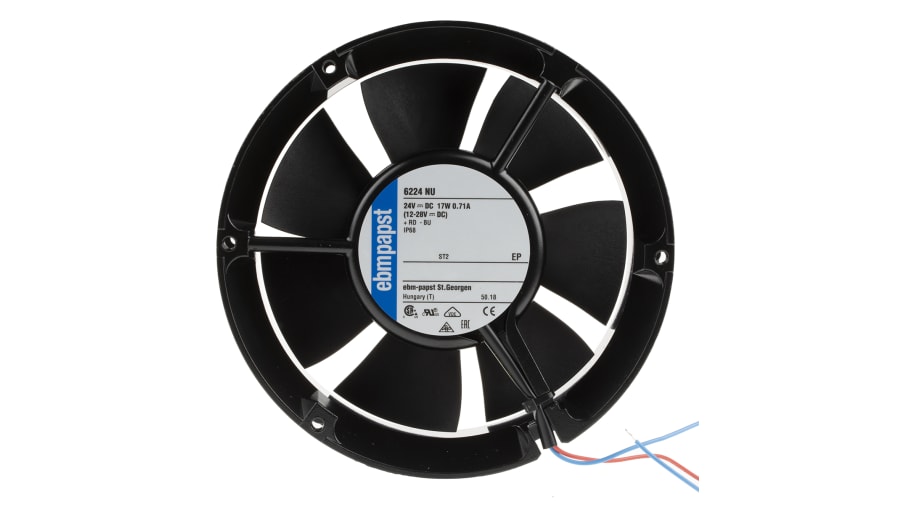ebm-papst 6200 N Series Axial Fan, 24 V dc, DC Operation, 410m³/h, 18W, IP68, 172 x 51mm – Model: 6224NU