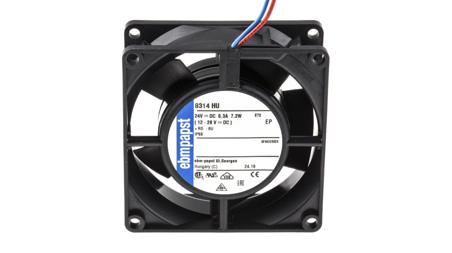 ebm-papst 8300 Series Axial Fan, 24 V dc, DC Operation, 80m³/h, 6W, IP68, 80 x 80 x 32mm – Model: 8314HU