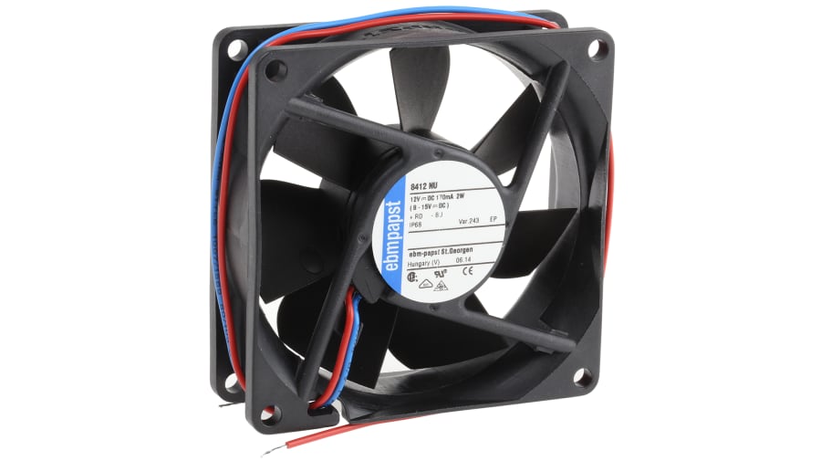 ebm-papst 8400 N Series Axial Fan, 12 V dc, DC Operation, 69m³/h, 2W, IP68, 80 x 80 x 25mm – Model: 8412NU