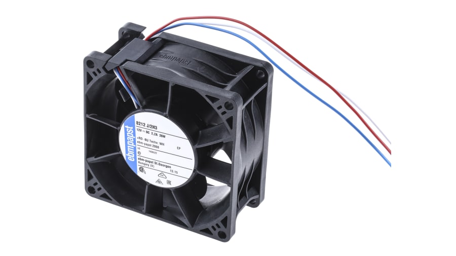 ebm-papst 8200 J Series Axial Fan, 12 V dc, DC Operation, 190m³/h, 26W, 80 x 80 x 38mm