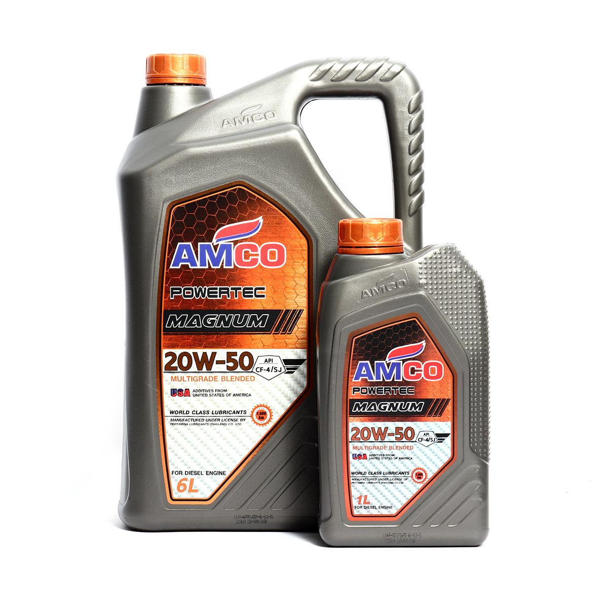 น้ำมันหล่อลื่นเครื่องยนต์ดีเซลเกรดรวมคุณภาพสูง แอมโก้ (AMCO) รุ่น เพาเวอร์เทค แม็กนัม  20W-50 ความหนืด SAE 20W-50 ทนความร้อน หล่อลื่นได้เป็น
