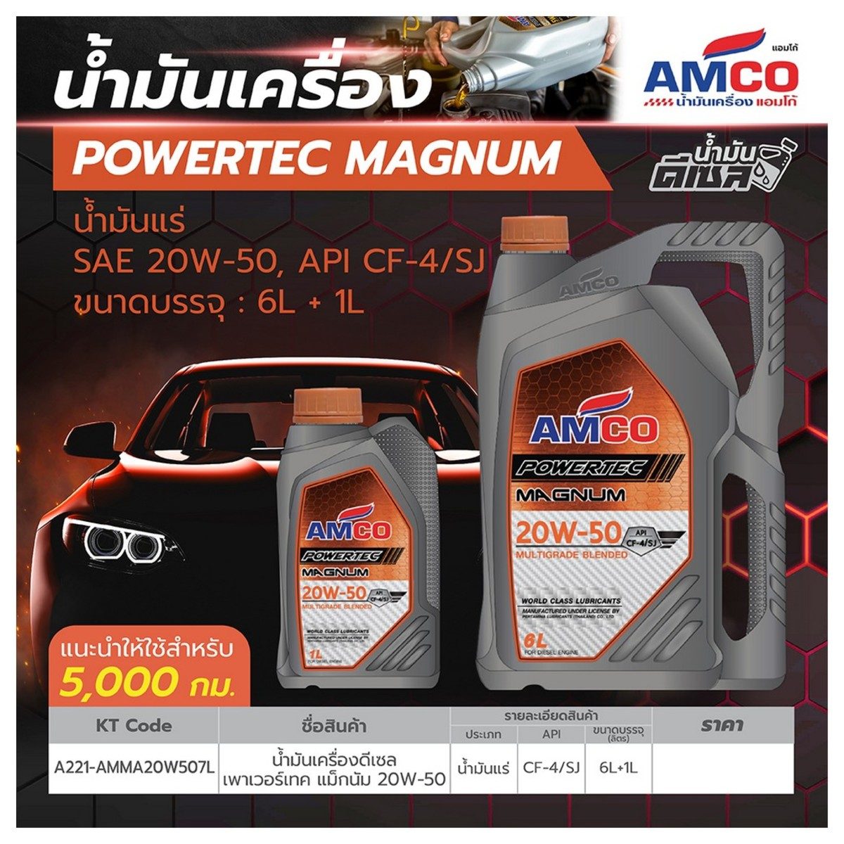 น้ำมันหล่อลื่นเครื่องยนต์ดีเซลเกรดรวมคุณภาพสูง แอมโก้ (AMCO) รุ่น เพาเวอร์เทค แม็กนัม  20W-50 ความหนืด SAE 20W-50 ทนความร้อน หล่อลื่นได้เป็น