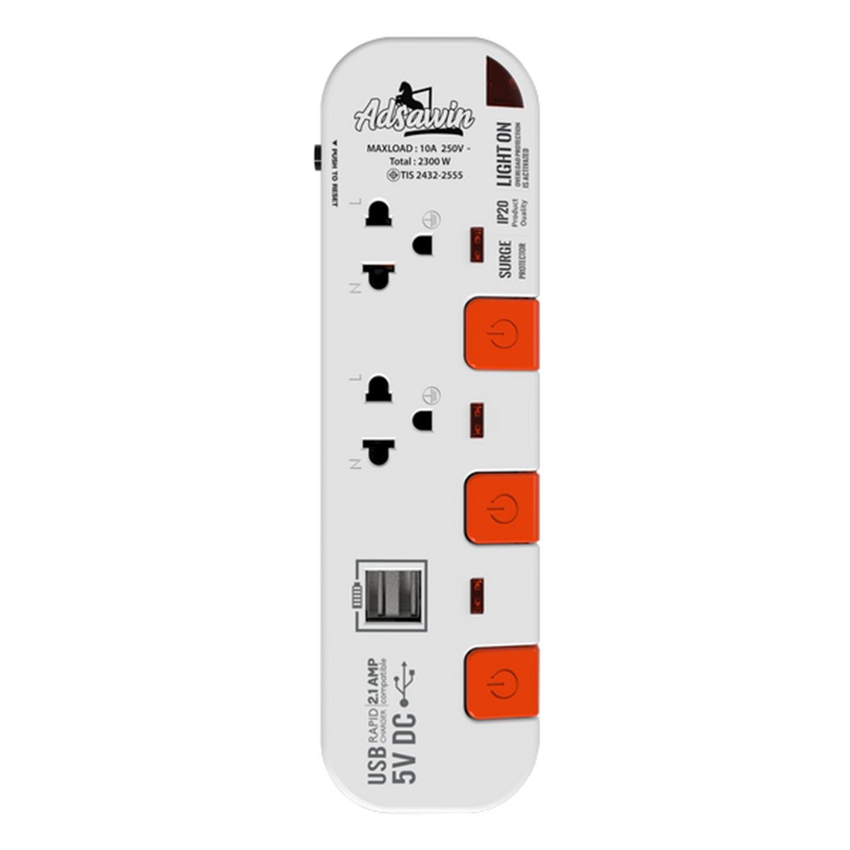 ปลั๊กไฟ มอก. อัศวิน (ADSAWIN By TOSHINO) รุ่น WL2375USB-3M 2 ช่องเสียบ 2 USB และ 3 สวิตซ์ปิด-เปิด 10 แอมป์ รองรับกระแสไฟ 2,300 วัตต์ ความยาว