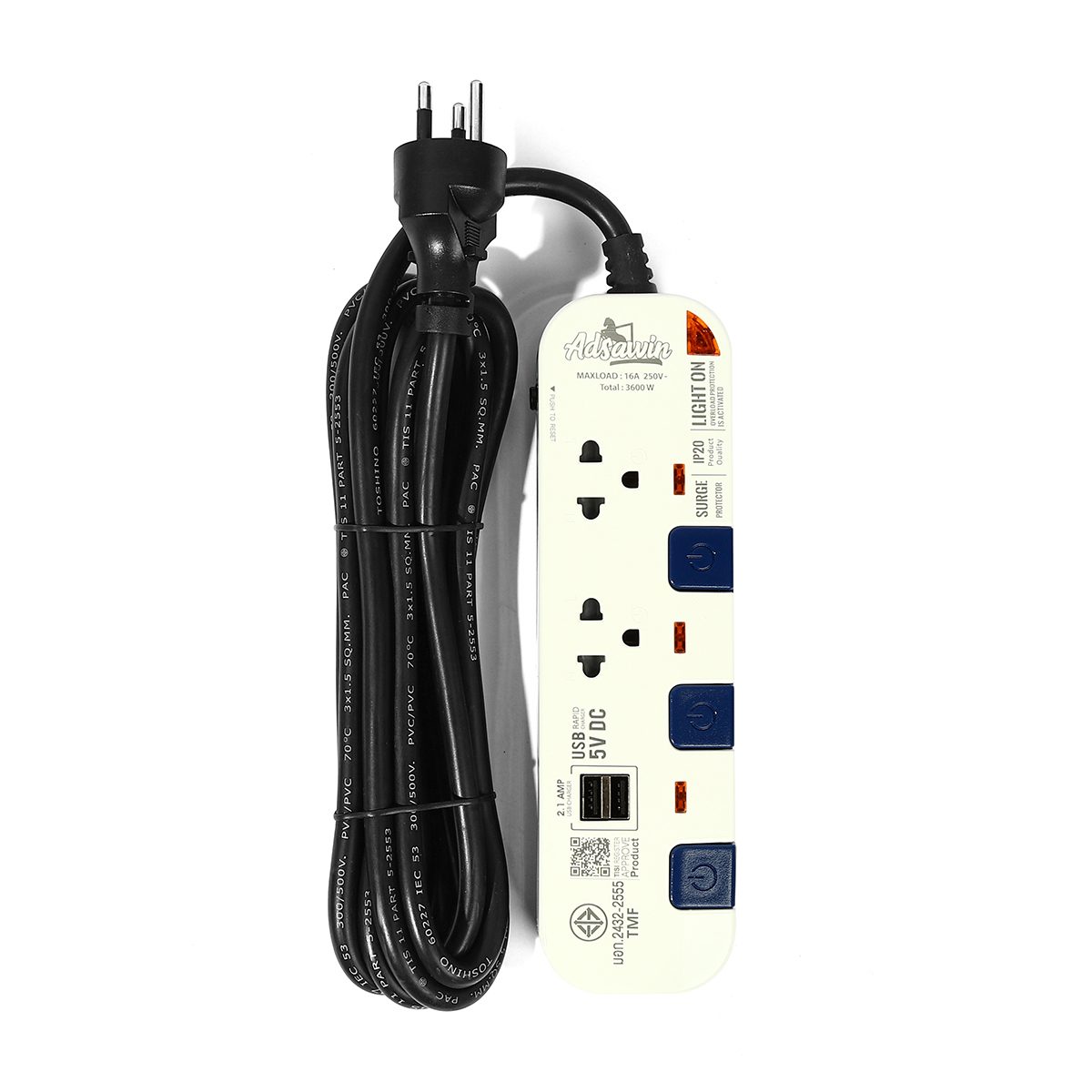 ADSAWIN ปลั๊กไฟ 2 ช่อง 2 USB 3 สวิตซ์ สายไฟ 3 เมตร 16 แอมป์ 3600 วัตต์ รุ่น WL2315USB-3M สายไฟ VCT 3x1.5 sq.mm (อัศวิน)