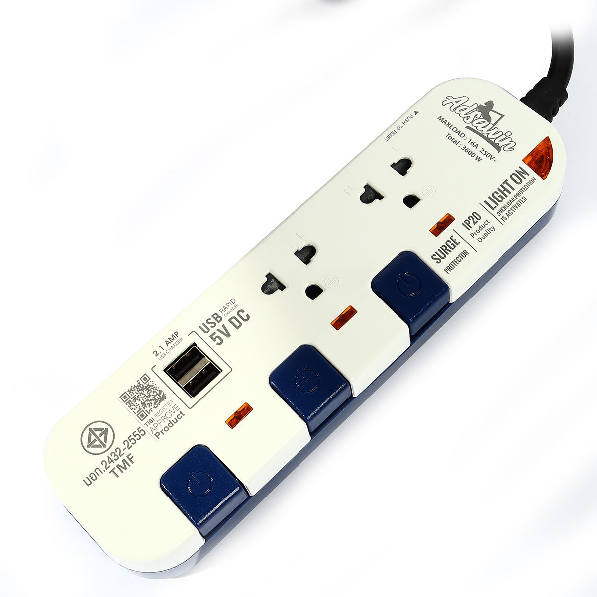 ADSAWIN ปลั๊กไฟ 2 ช่อง 2 USB 3 สวิตซ์ สายไฟ 3 เมตร 16 แอมป์ 3600 วัตต์ รุ่น WL2315USB-3M สายไฟ VCT 3x1.5 sq.mm (อัศวิน)