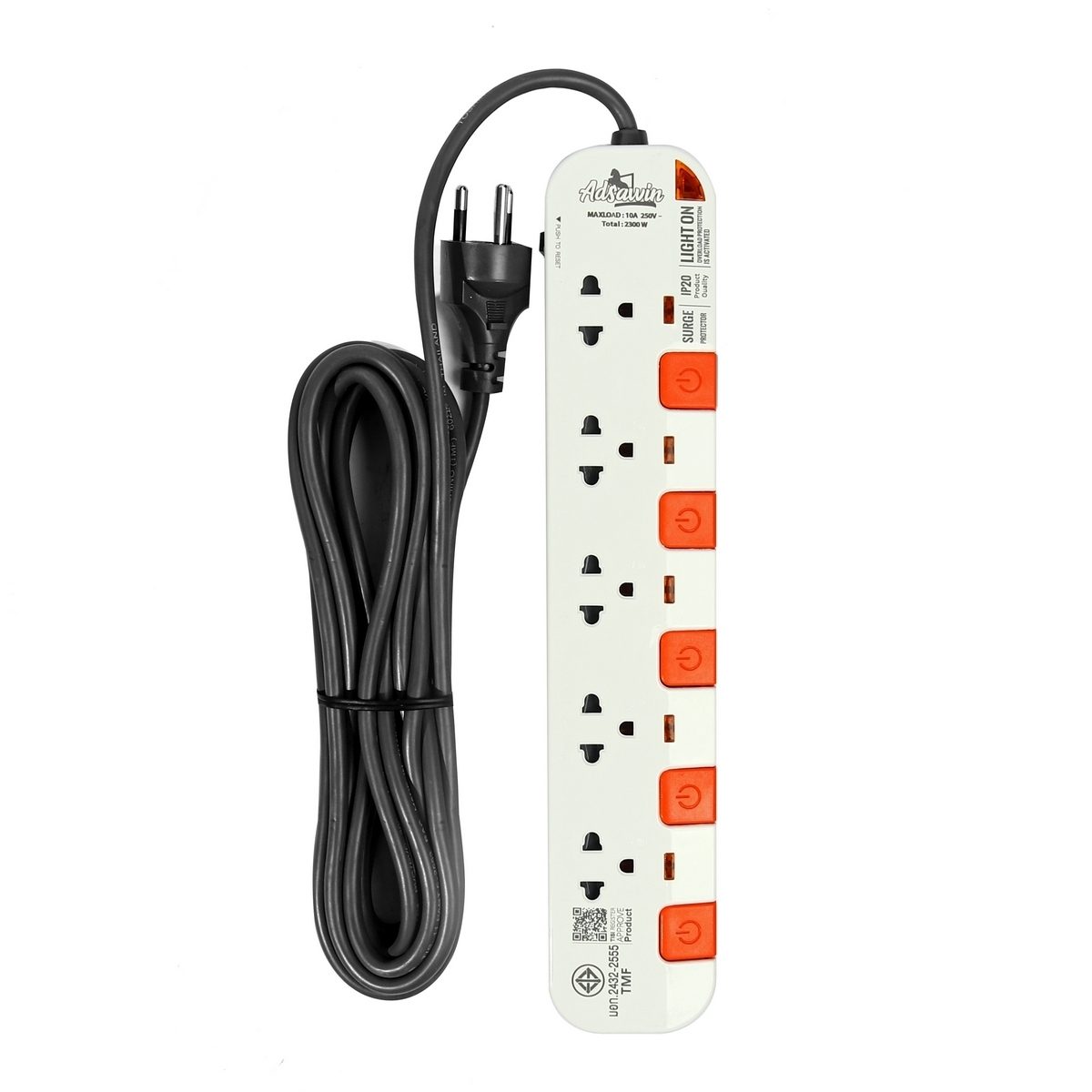 ADSAWIN ปลั๊กไฟ 5 ช่อง 5 สวิตซ์ สายไฟ 10 เมตร 10 แอมป์ 2300 วัตต์ รุ่น WL5310-10M สายไฟ VCT 3x0.75 sq.mm (อัศวิน)