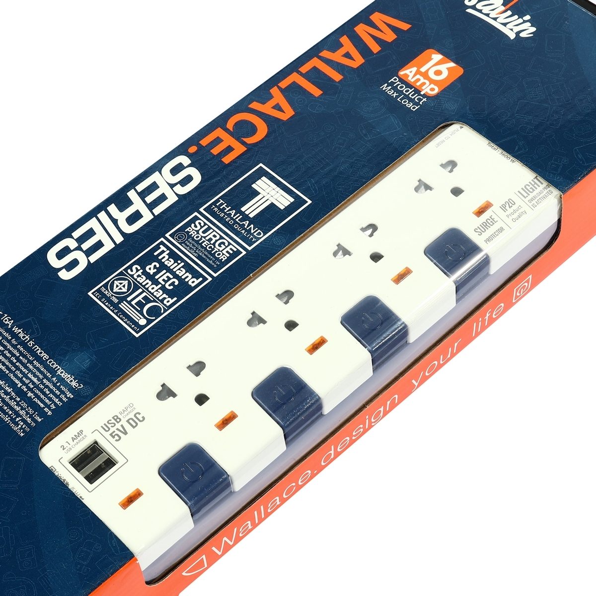 ADSAWIN ปลั๊กไฟ 4 ช่องเสียบ 2 USB 5 สวิตซ์ สายไฟ 5 เมตร 16 แอมป์ 3600 วัตต์ รุ่น WL4315USB-5M สายไฟ VCT 3x1.5 sq.mm (อัศวิน)