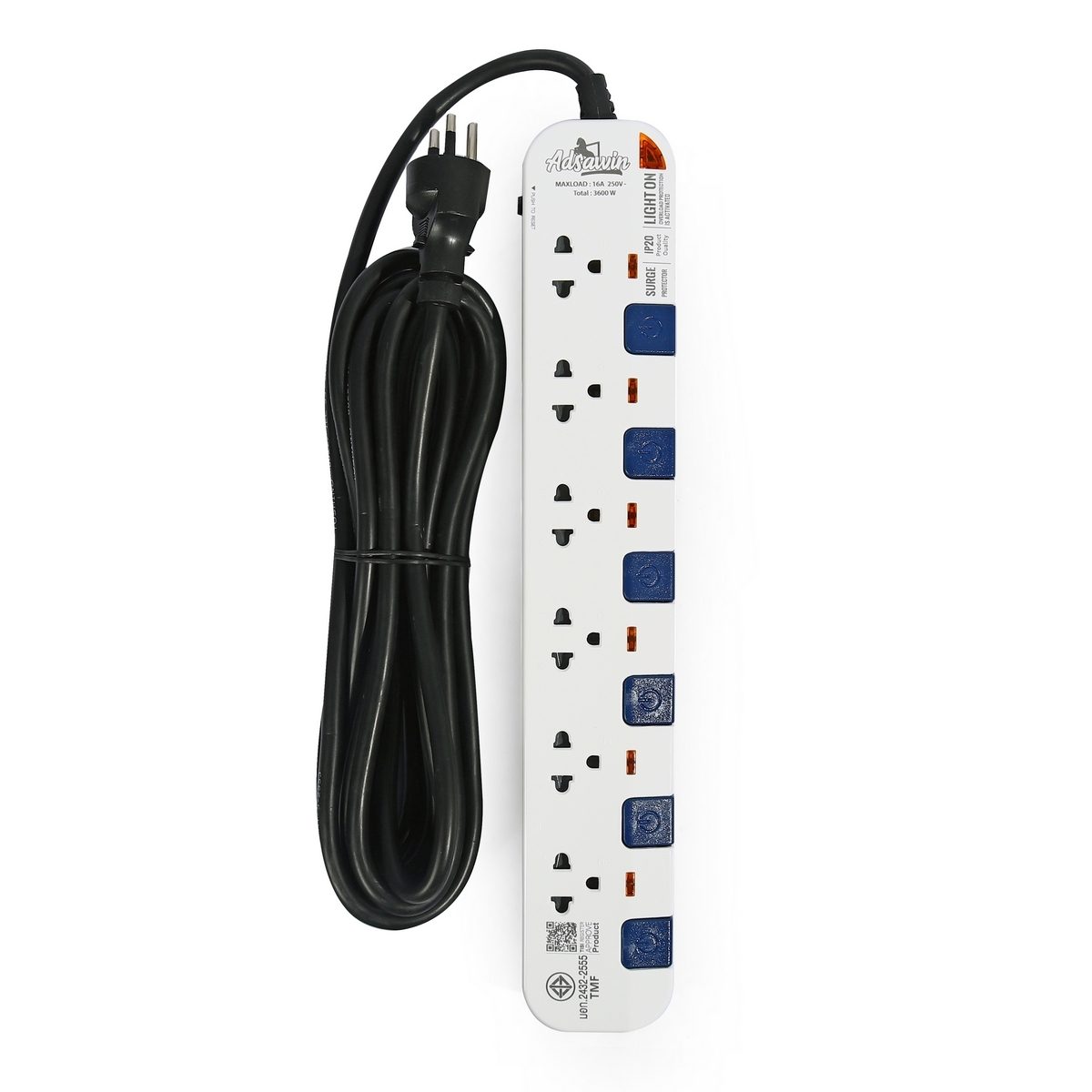 ADSAWIN ปลั๊กไฟ 6 ช่อง 6 สวิตซ์ สายไฟ 10 เมตร 16 แอมป์ 3600 วัตต์ รุ่น WL6315-10M สายไฟ VCT 3x1.5 sq.mm (อัศวิน)