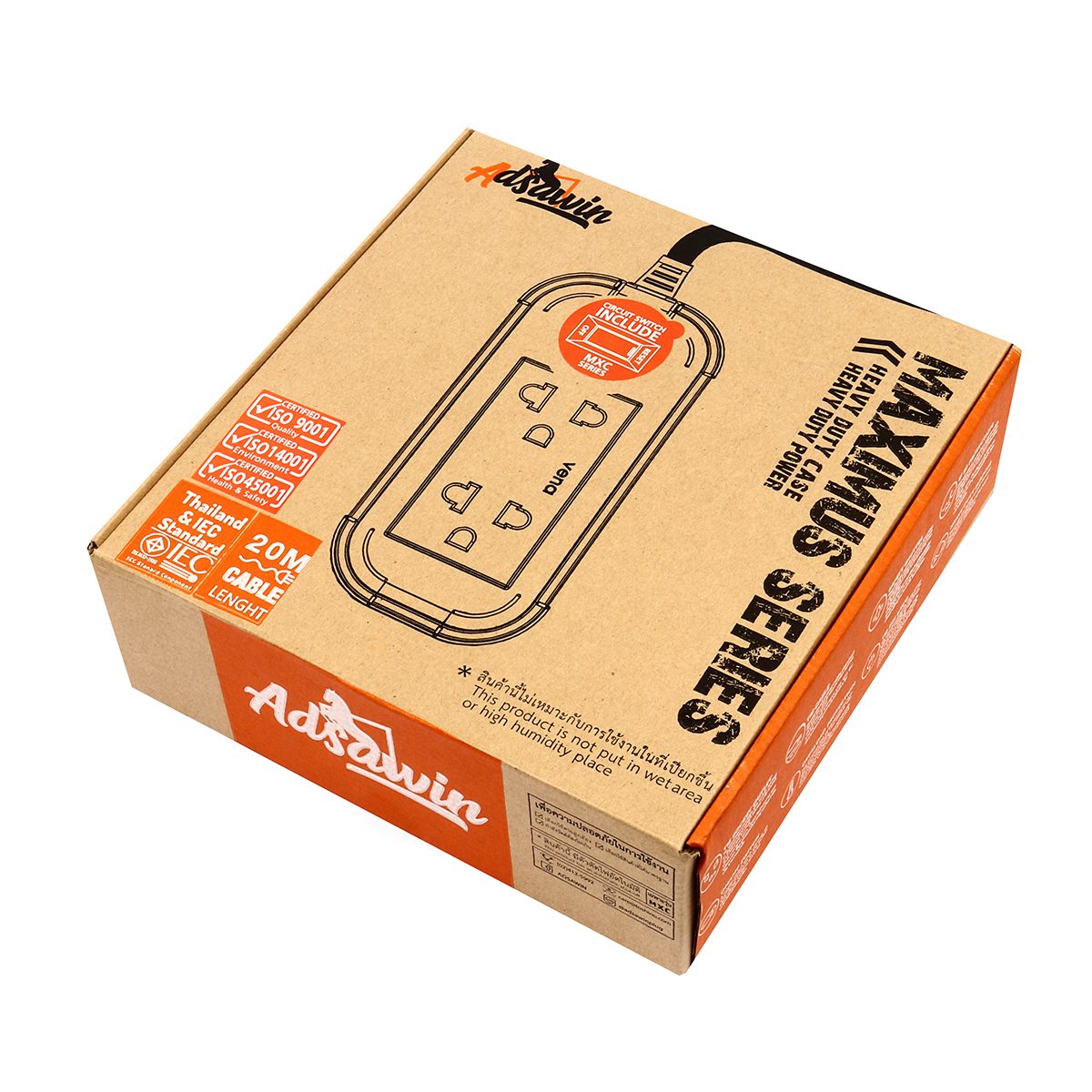 ADSAWIN ปลั๊กพ่วง 2 ช่อง 1 สวิตซ์ สายไฟ 20 เมตร 16 แอมป์ 3600 วัตต์ รุ่น MXC315-20M สายไฟ VCT 3x1.5 sq.mm (อัศวิน)