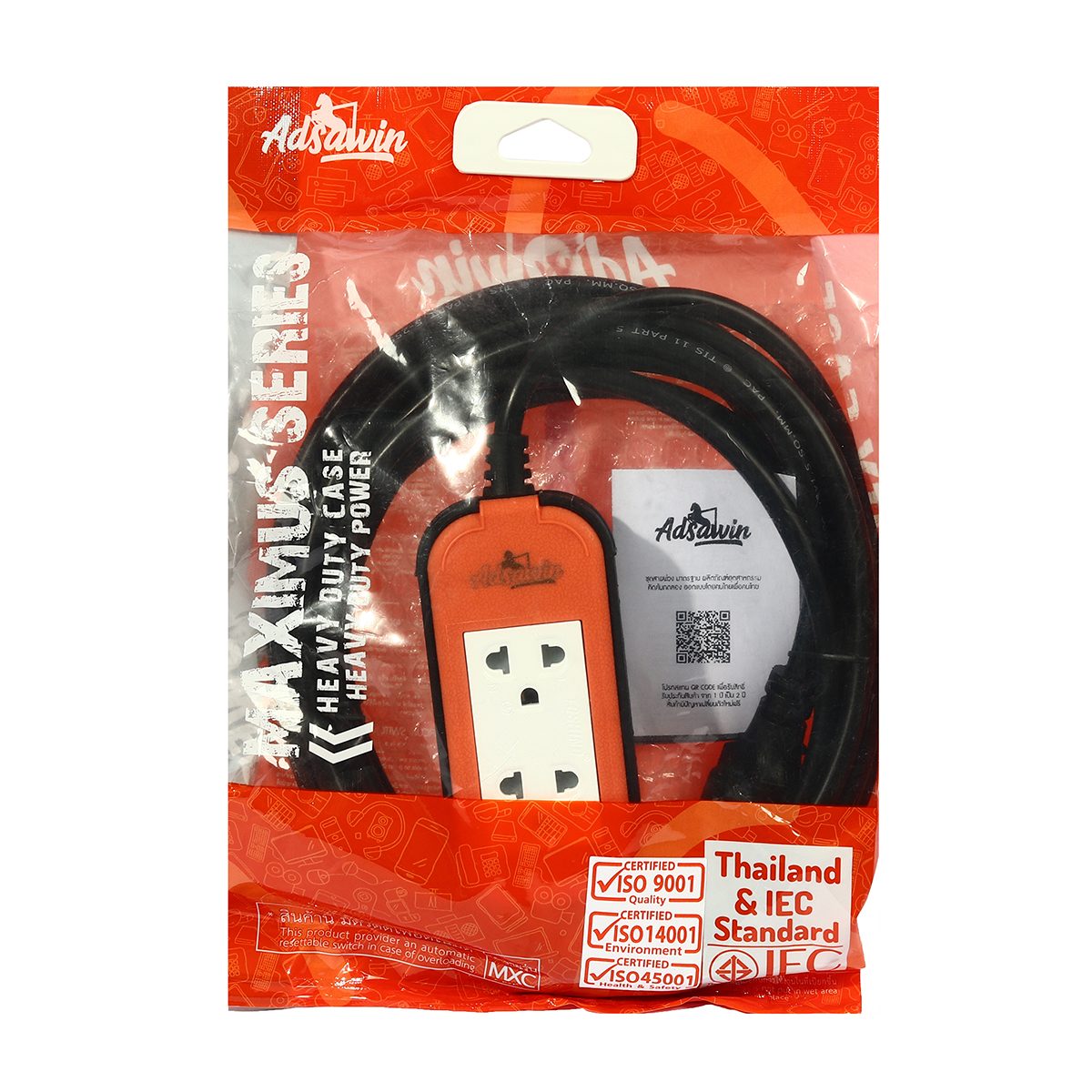ปลั๊กบล็อก ปลั๊กพ่วง มอก. อัศวิน (ADSAWIN By TOSHINO) รุ่น MX315-5M 2 ช่องเสียบ 16 แอมป์ รองรับกระแสไฟ 3,600 วัตต์ ความยาวสายไฟ 5 เมตร สีส้ม