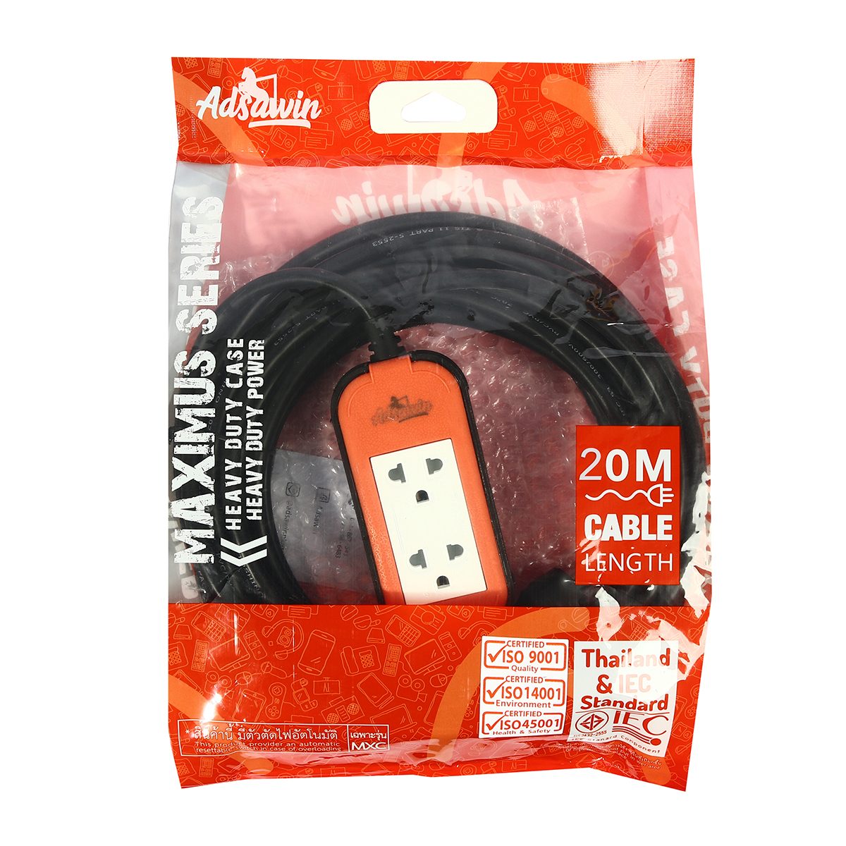 ADSAWIN ปลั๊กพ่วง 2 ช่อง สายไฟ 20 เมตร 16 แอมป์ 3600 วัตต์ รุ่น MX315-20M สายไฟ VCT 3x1.5 sq.mm (อัศวิน)