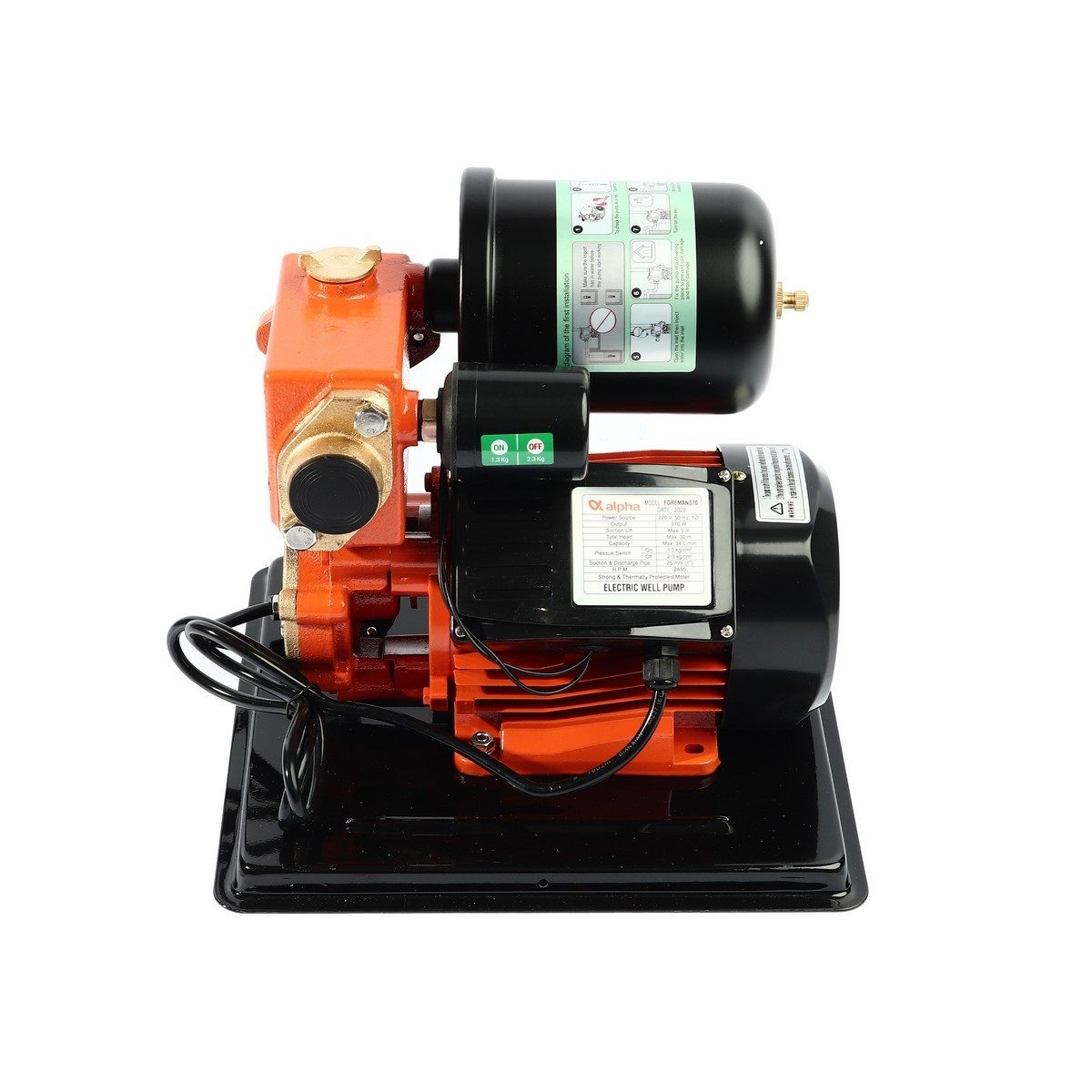 ALPHA ปั๊มน้ำอัตโนมัติ 370W รุ่น FOREMAN 370 ขนาดท่อเข้าและท่อออก 1 นิ้ว ส่งสูงสุด 32 ม. ปริมาณน้ำสูงสุด 34 ลิตร/นาที แรงดันไฟ 220 โวลต์ เหม