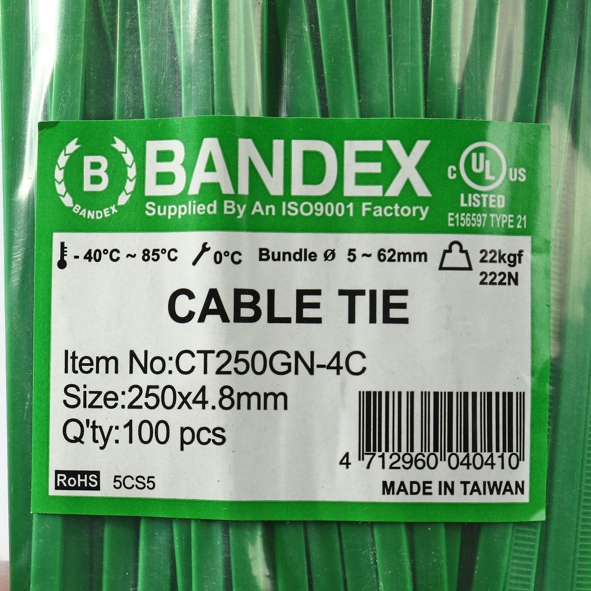 BANDEX เคเบิ้ลไทร์ สีเขียว ขนาด 10 นิ้ว รุ่น CT250GN-4C บรรจุ 100 เส้น (แบนเด็กส์)