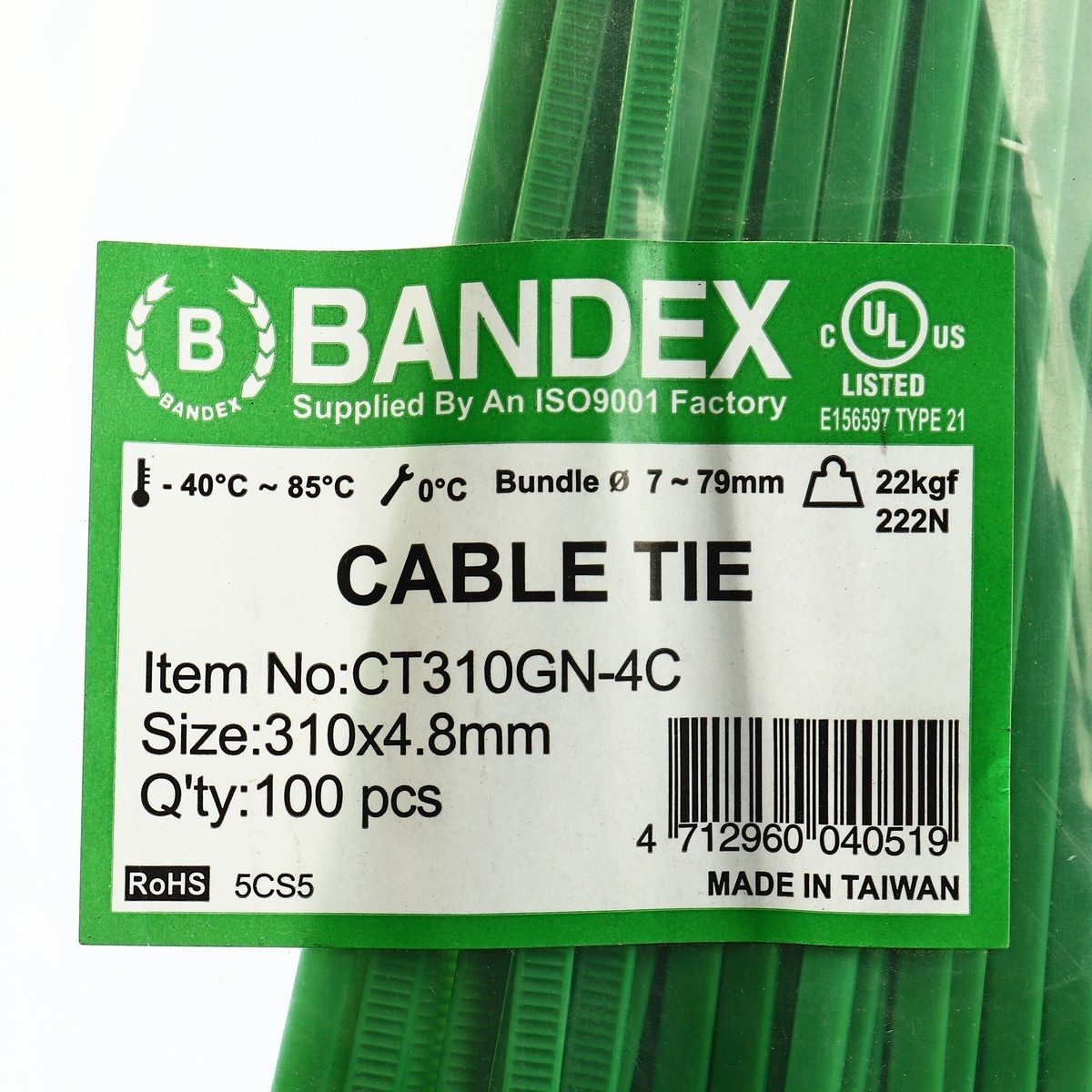 BANDEX เคเบิ้ลไทร์ สีเขียว ขนาด 12 นิ้ว รุ่น CT310GN-4C บรรจุ 100 เส้น (แบนเด็กส์)
