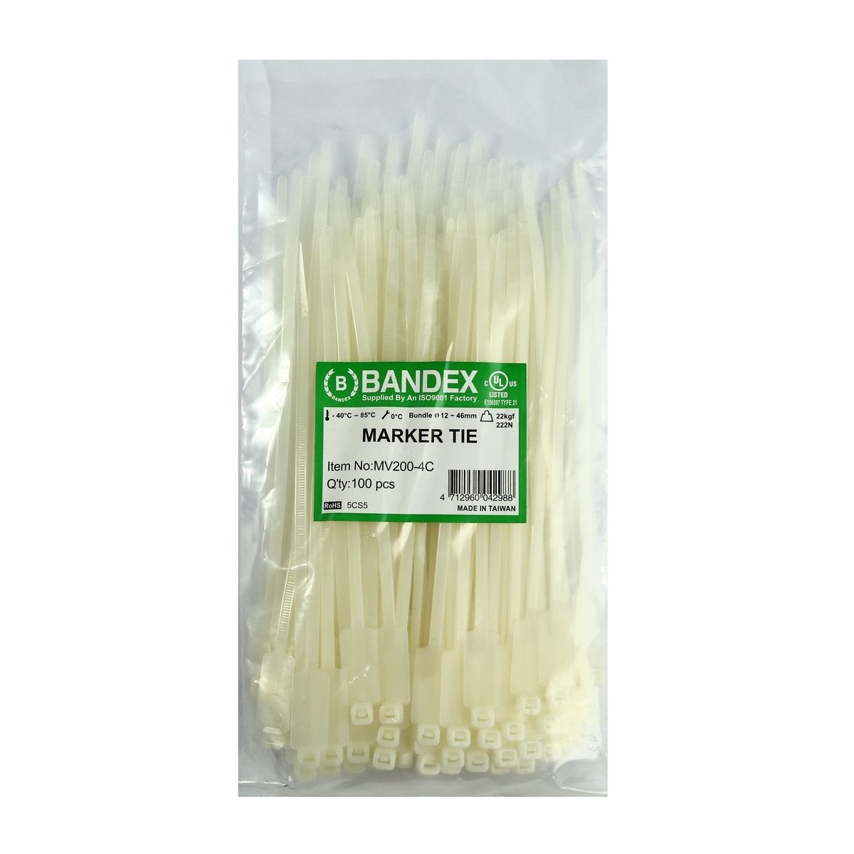 BANDEX (เบนเด็กซ์) เคเบิ้ลไทร์แบบมีป้ายเขียน 8 นิ้ว (200 มม.) สีขาว รุ่น MV-200-4C ผลิตจากไต้หวัน (100 ชิ้น/แพ็ค)