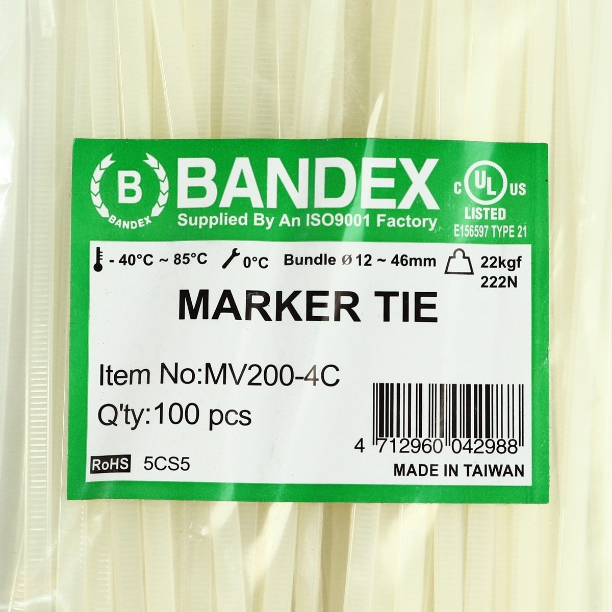 BANDEX (เบนเด็กซ์) เคเบิ้ลไทร์แบบมีป้ายเขียน 8 นิ้ว (200 มม.) สีขาว รุ่น MV-200-4C ผลิตจากไต้หวัน (100 ชิ้น/แพ็ค)