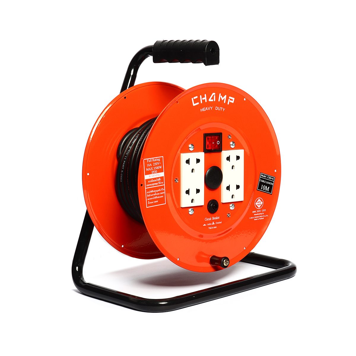 ล้อเก็บสายไฟ มาตรฐาน มอก. CHAMP รุ่น CHD41 Series สายไฟ VCT3X1.5 Sqmm ยาว 10 เมตร รองรับไฟได้ 16 แอมป์ (3,500 วัตต์) เต้าเสียบ 4 ช่อง 1 สวิต