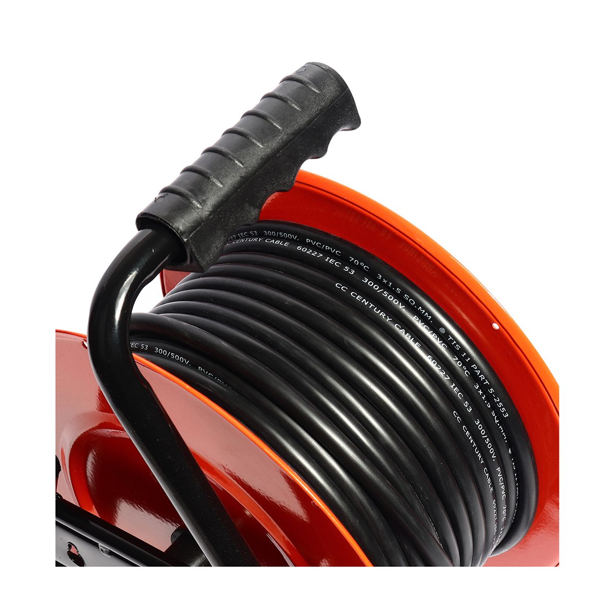 ล้อเก็บสายไฟ มาตรฐาน มอก. CHAMP รุ่น CHD41 Series สายไฟ VCT3X1.5 Sqmm ยาว 20 เมตร รองรับไฟได้ 16 แอมป์ (3,500 วัตต์) เต้าเสียบ 4 ช่อง 1 สวิต