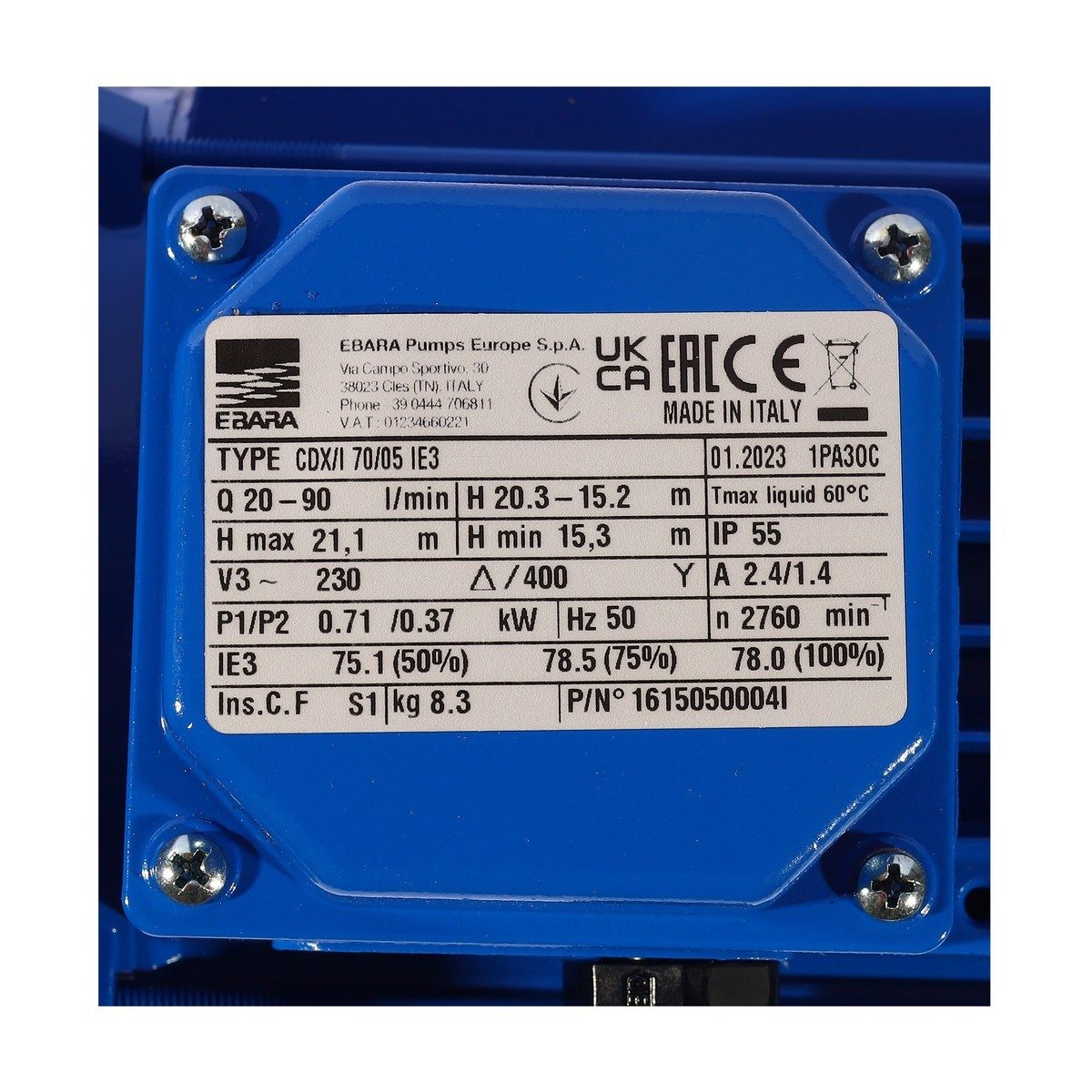 EBARA ปั๊มน้ำหอยโข่งสแตนเลส ใบพัดเดี่ยว 3 สาย รุ่น CDX/I 70/05 มอเตอร์ 0.37 กิโลวัตต์ (0.5 แรงม้า) 3 เฟส (เอบาร่า)