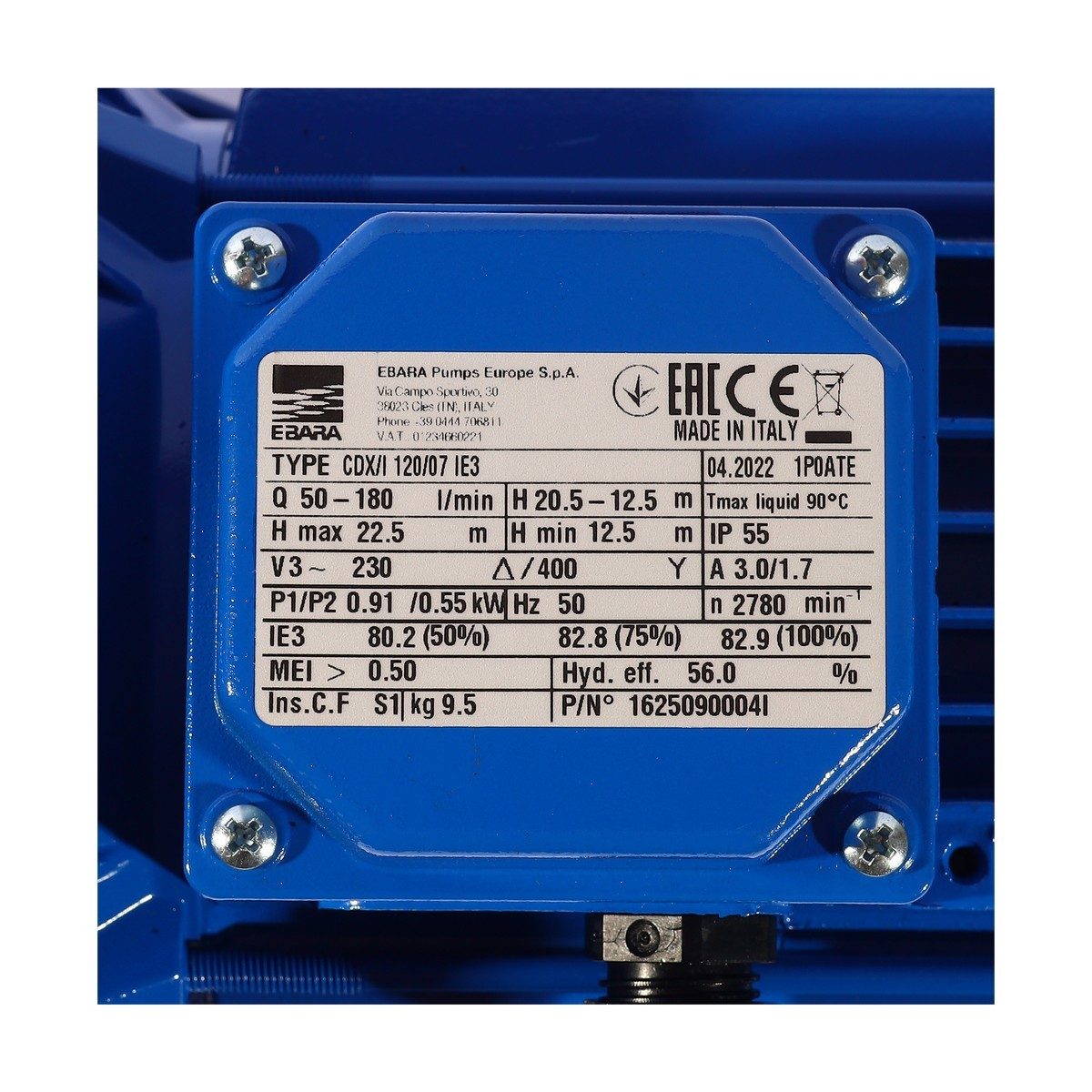 EBARA ปั๊มน้ำหอยโข่งสแตนเลส ใบพัดเดี่ยว 3 สาย รุ่น CDX/I 120/07 มอเตอร์ 0.55 กิโลวัตต์ (0.8 แรงม้า) 3 เฟส (เอบาร่า)