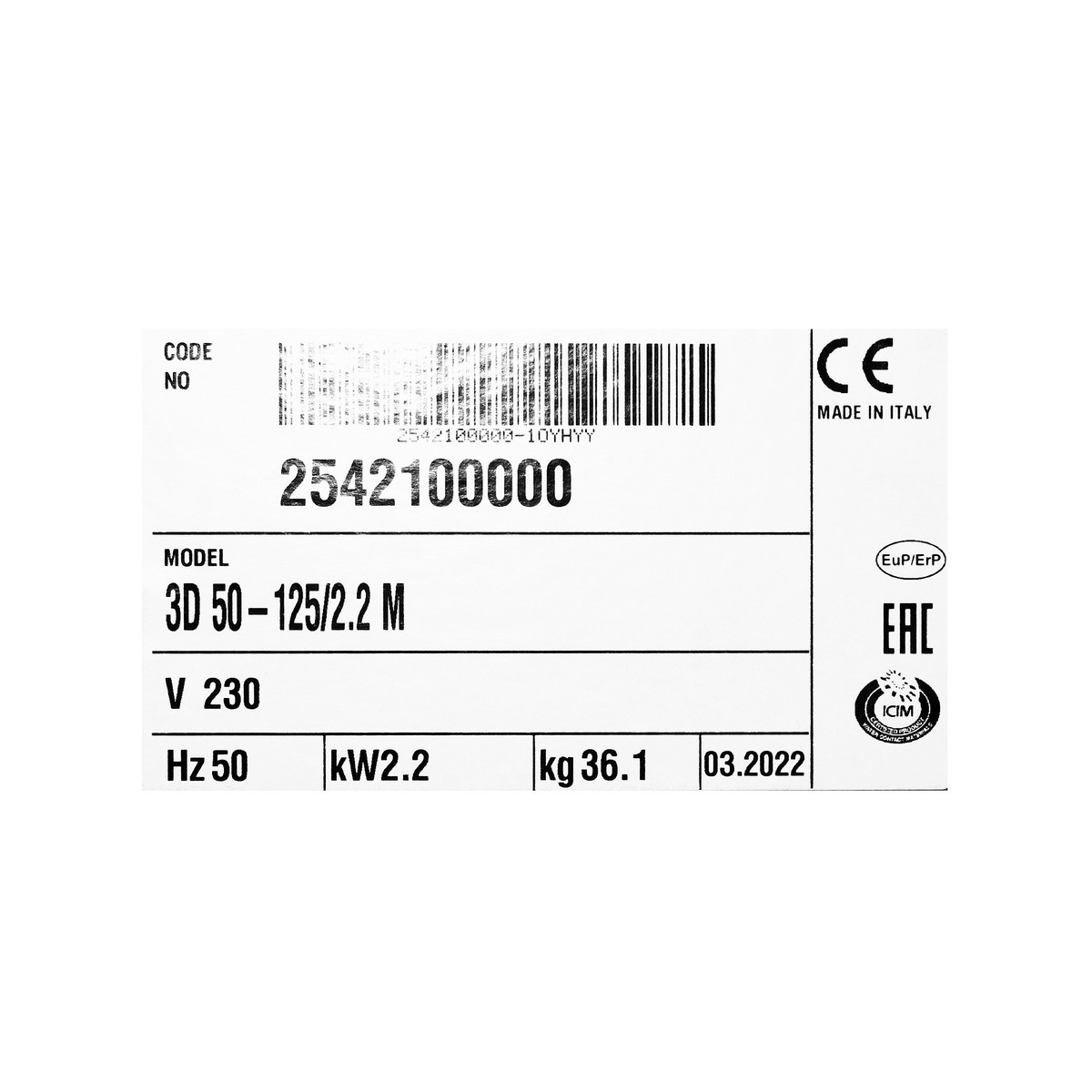 3D 50-125/2.2M ปั๊มเหล็กหล่อ - 2 สาย