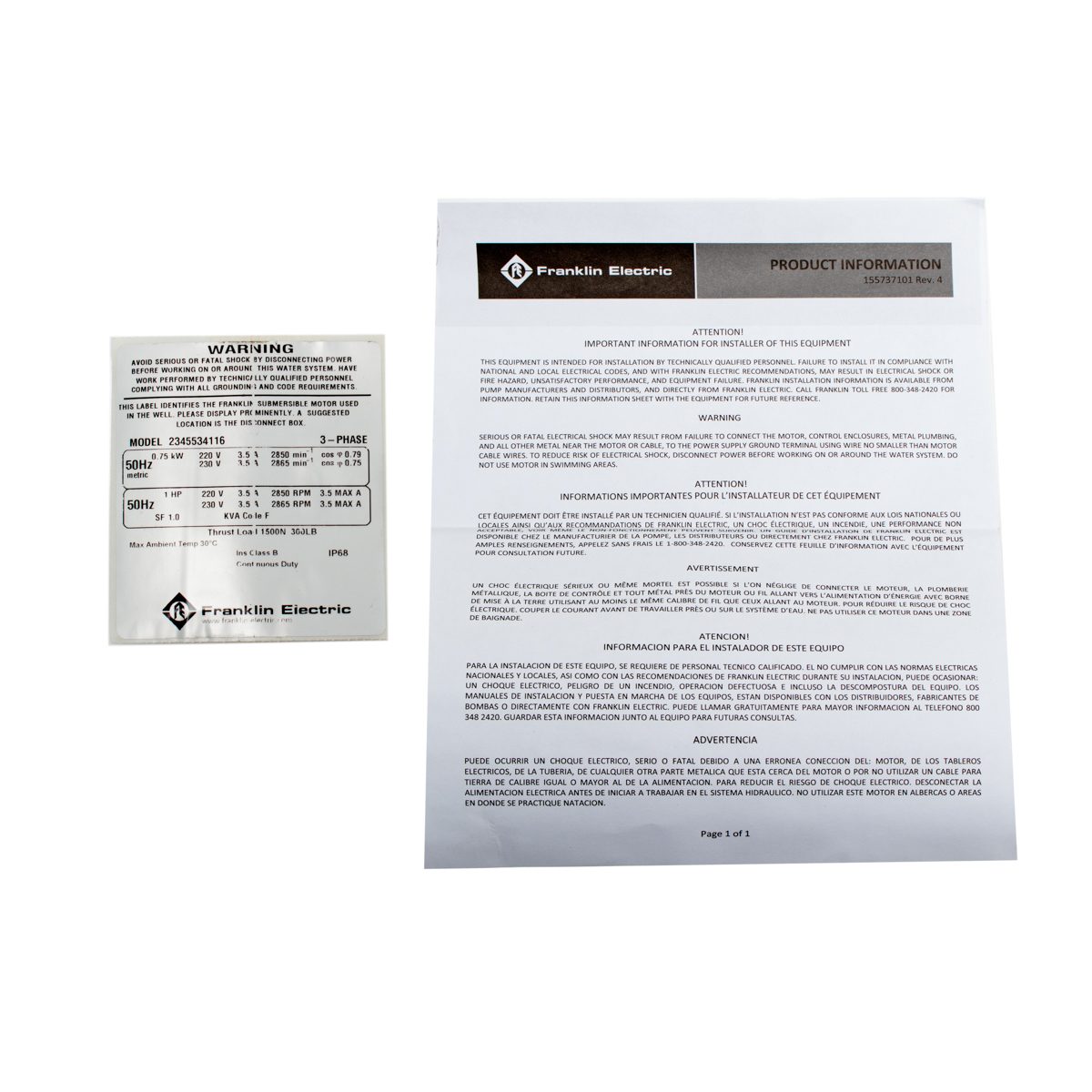 FRANKLIN (แฟรงคลิน) มอเตอร์ 4 นิ้ว 1.0 แรงม้า 3 เฟส 220 โวลต์ แถมสายไฟ 48 นิ้ว รหัส F072-0100