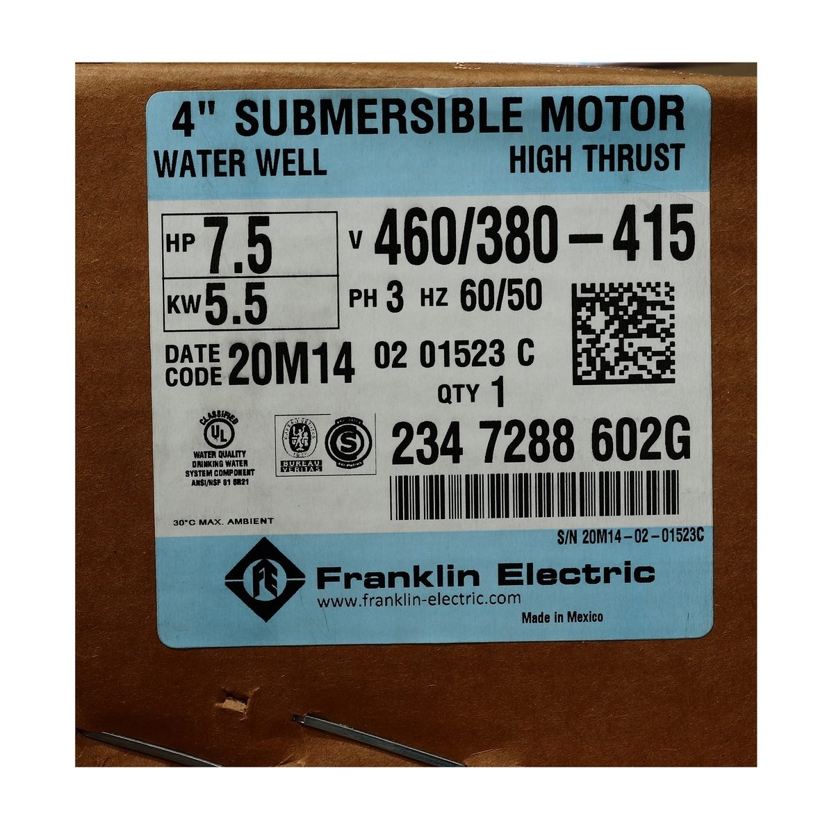 มอเตอร์ 4" 7.5 HP3เฟส380V พร้อมสายไฟ100"