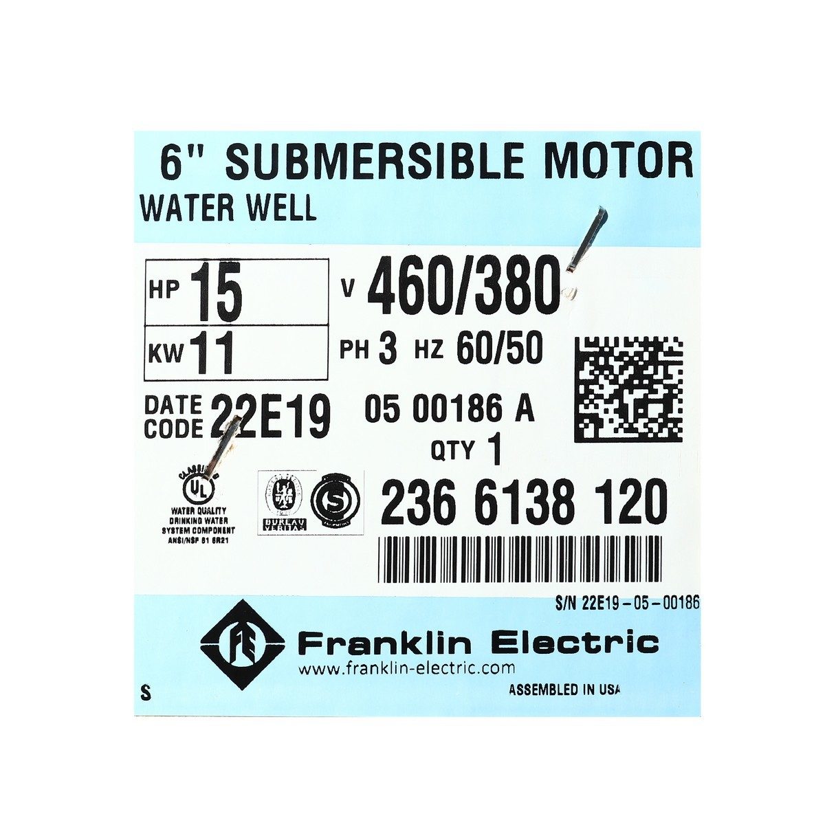 มอเตอร์ 6" 15 HP 3เฟส380V DOL+สายไฟ100"