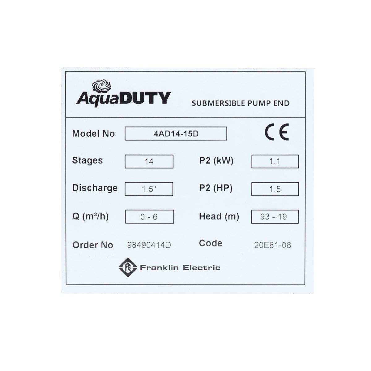 FRANKLIN เฉพาะหัวปั๊มบ่อบาดาล AquaDUTY รุ่น 4AD14-15D ขนาด 4 นิ้ว ท่อส่งออก 1.5 นิ้ว กำลังมอเตอร์ 1.5 แรงม้า ส่งสูง 76-19 เมตร ปริมาณน้ำ 50-